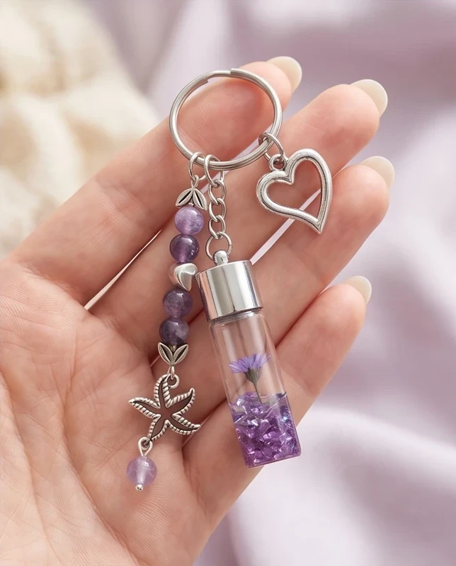 Porte clé bouteille à souhait Améthyste